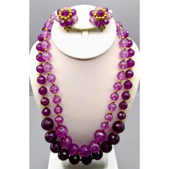 Vintage Sparkly Purple Parure, Faceted Double Strand Necklace and Matching Clip - Picture 1 of 4
